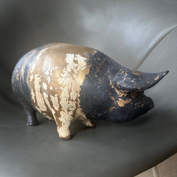 Large 12" Bisque Porcelain Pig Sculpture. Gold Leaf Gilding. Charcoal Grey Paint - Picture 3 of 9
